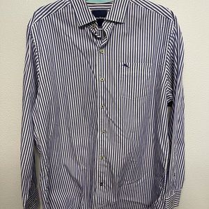 Tommy Bahama Mens Medium Blue Stripe Casual Button Down Shirt Long Sleeve